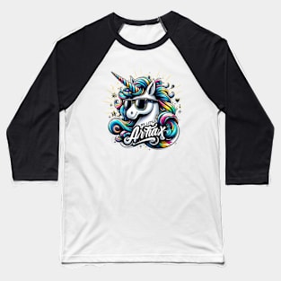 Whimsical unicorn illustration, cartoon style, playful mood, black style, wearing sunglasses, My little artax Baseball T-Shirt